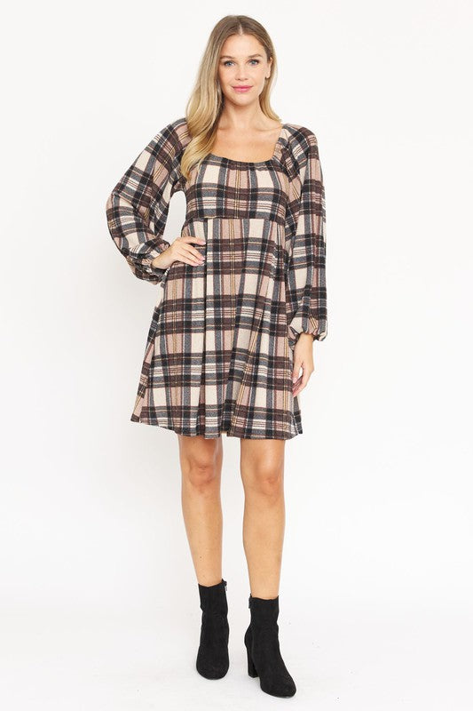 Plus Plaid Balloon Sleeve Midi Dress