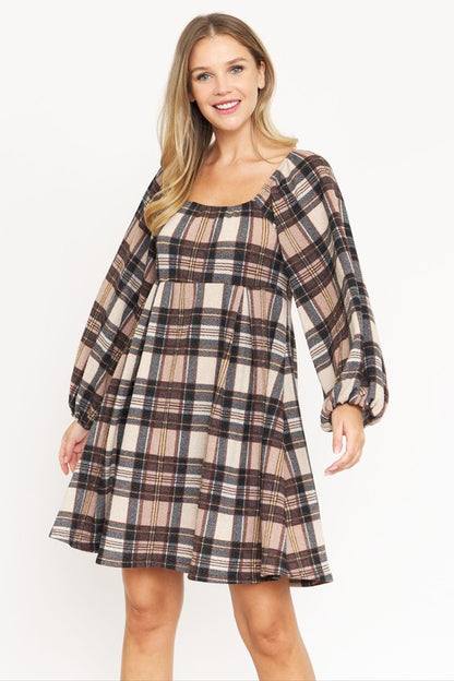 Plus Plaid Balloon Sleeve Midi Dress