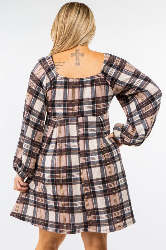 Plus Plaid Balloon Sleeve Midi Dress