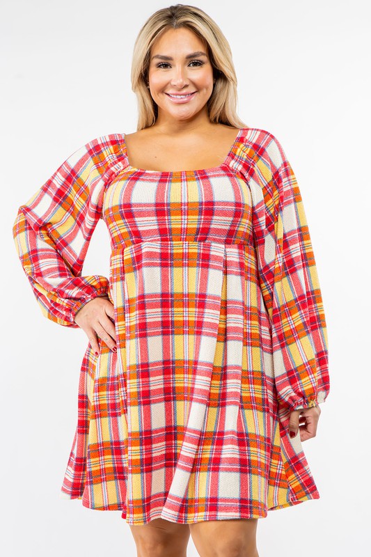 Plus Plaid Balloon Sleeve Midi Dress