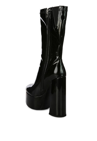 VINKELE Patent PU Platform Heeled Calf Boots