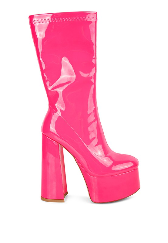 VINKELE Patent PU Platform Heeled Calf Boots