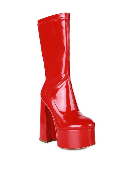 VINKELE Patent PU Platform Heeled Calf Boots