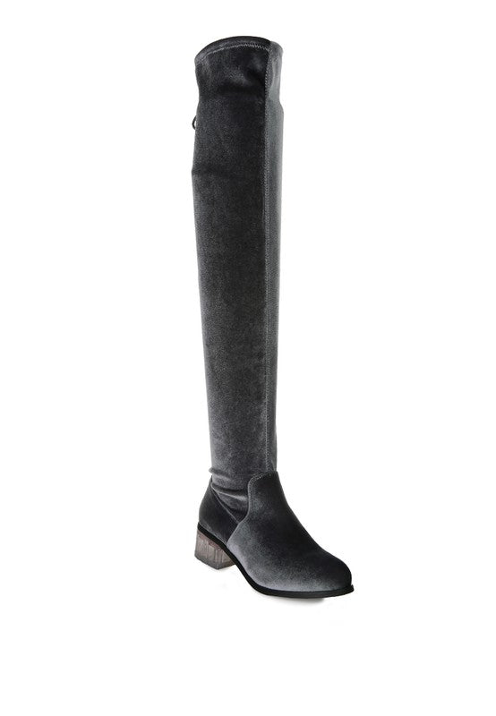 RUMPLE Velvet Over The Knee Clear Heel Boots