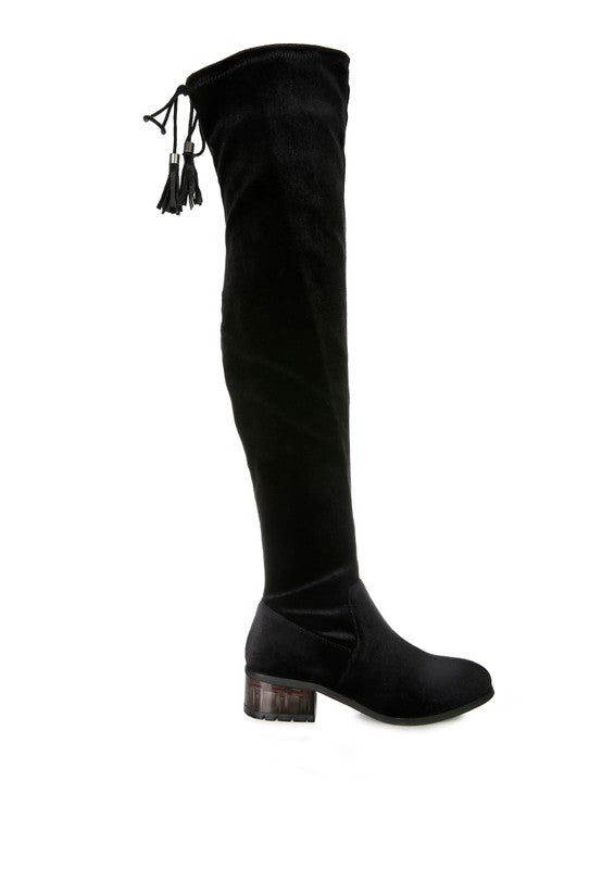 RUMPLE Velvet Over The Knee Clear Heel Boots