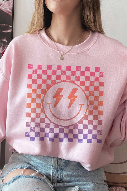 CHECKERED LIGHTNING HAPPY FACE GRAPHIC SWEATSHIRT