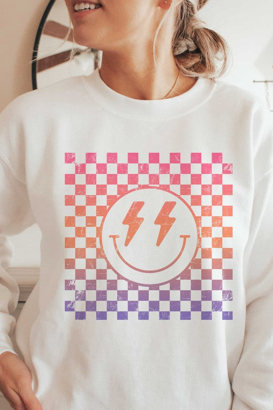 CHECKERED LIGHTNING HAPPY FACE GRAPHIC SWEATSHIRT