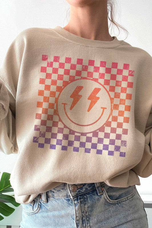 CHECKERED LIGHTNING HAPPY FACE GRAPHIC SWEATSHIRT