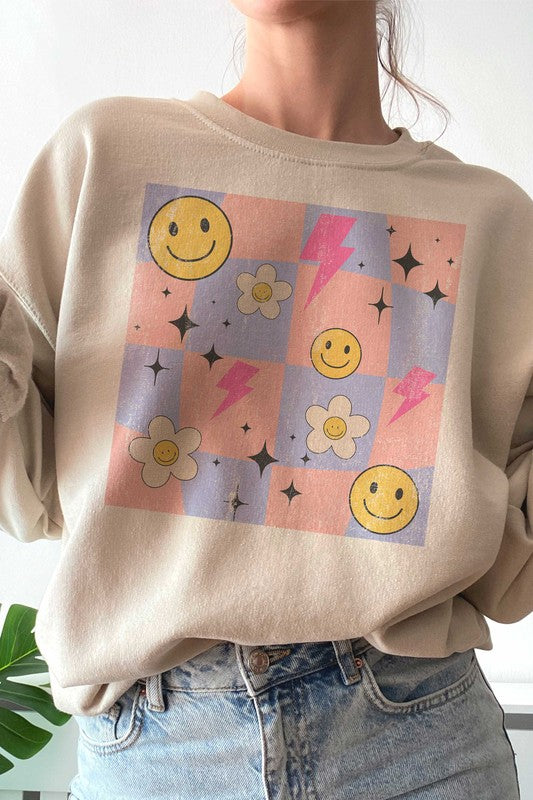 CHECKERED LIGHTNING HAPPY FACE GRAPHIC SWEATSHIRT