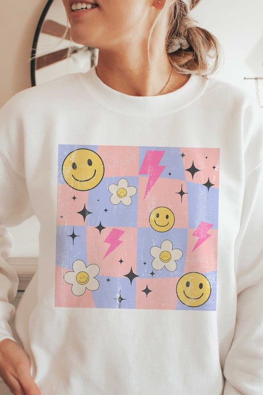 CHECKERED LIGHTNING HAPPY FACE GRAPHIC SWEATSHIRT