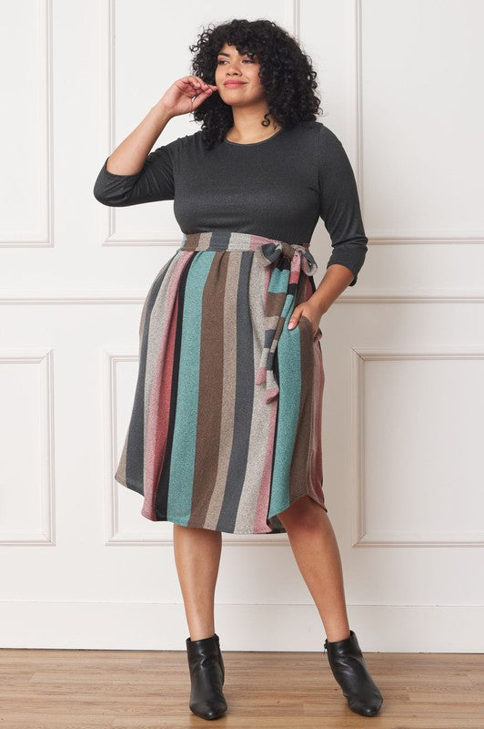 Plus Quarter Sleeve, Stripe Sash Midi Dress