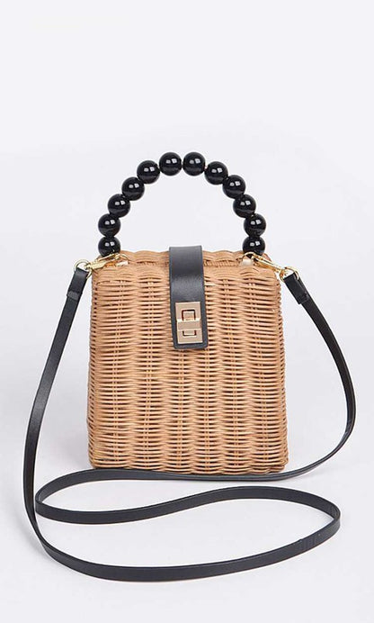 Beads Handle Straw Structure Clutch Swing Bag