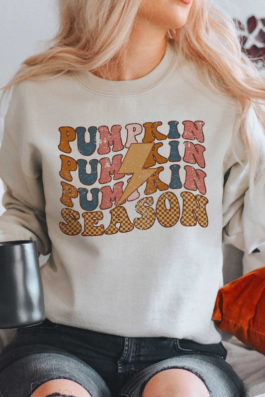 PLAID PUMPKIN SEASON LIGHTNING GRAPHIC SWEATSHIRT