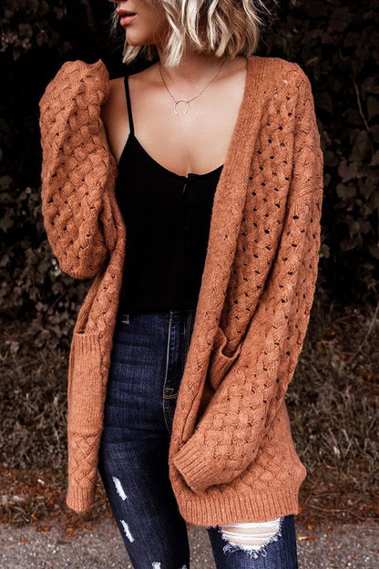 Brown Pocket Open Front Knitted Cardigan