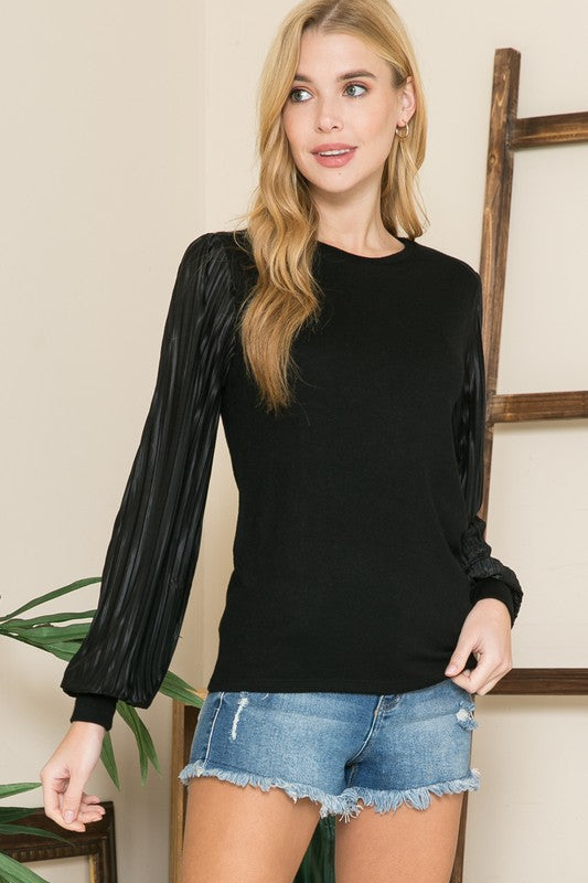 Pleated Sleeve Crew Neck Sweater