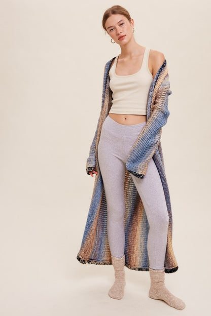 Multi Color Gradation Long Knit Open Cardigan