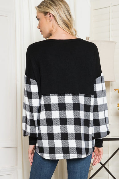 Plaid Contrast Bell Sleeve Sweater Knit