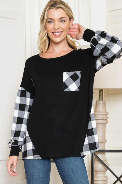 Plaid Contrast Bell Sleeve Sweater Knit