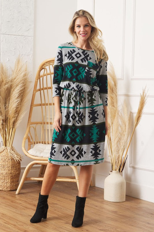 Plus Tribal Drawstring Blouson Midi Dress