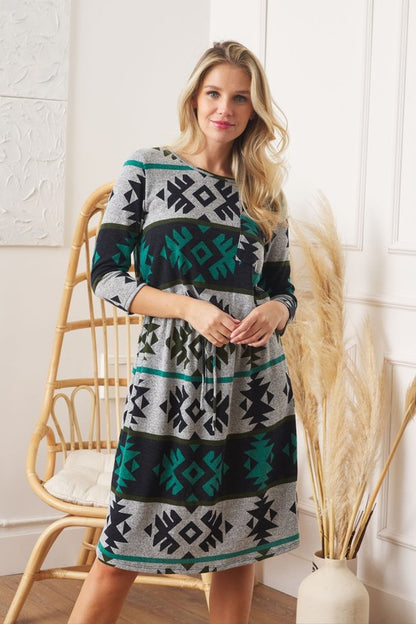 Plus Tribal Drawstring Blouson Midi Dress