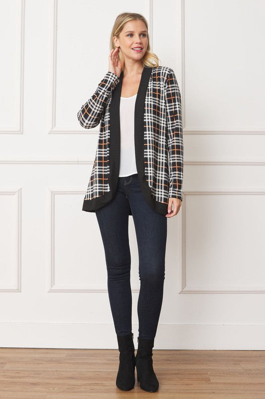 Plaid Contrast Drape Open Cardigan