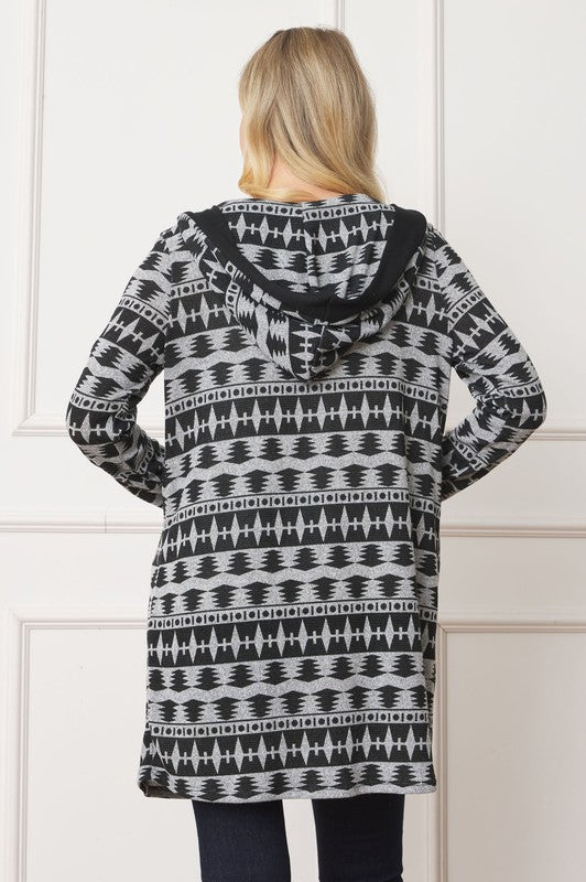 Plus Long Tribal Print Hooded Cardigan