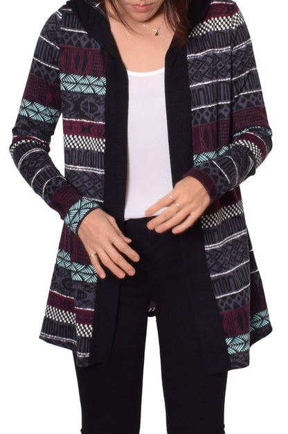 Long Tribal Print Hooded Cardigan