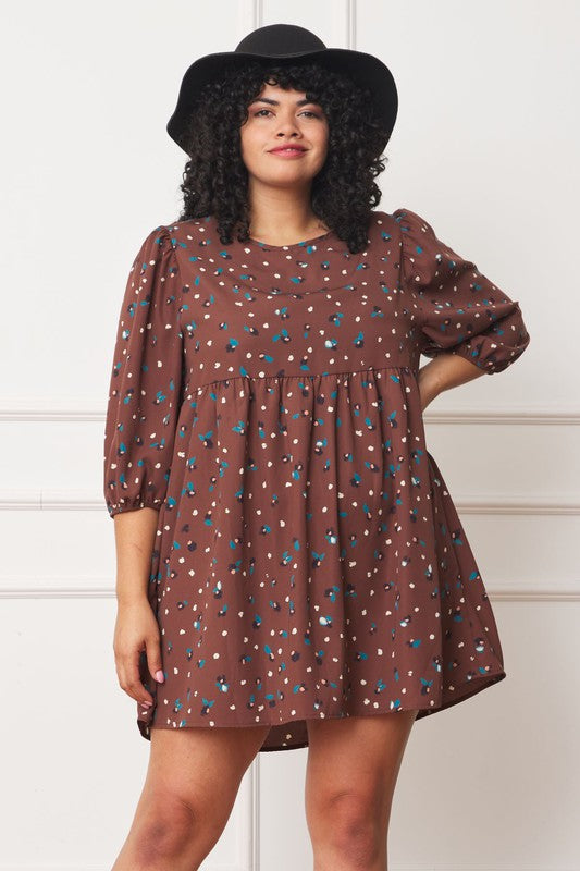 Plus Abstract Polka Dot Bishop Sleeve Mini Dress