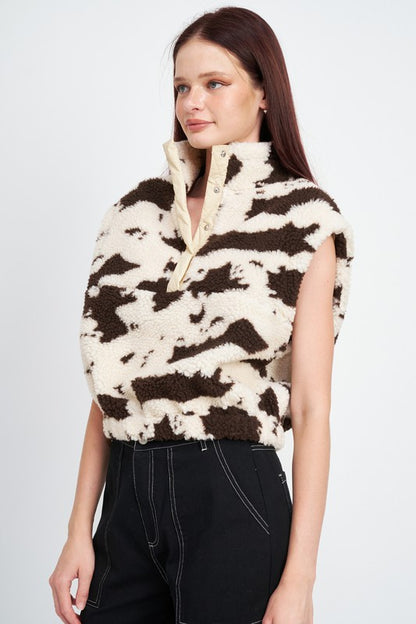 COW PRINT VESTS WITH ZIPPER