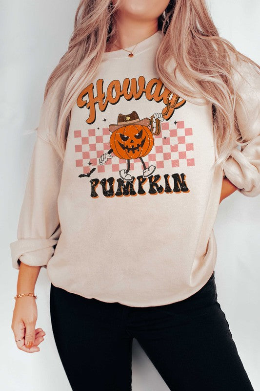 CHECKERED HOWDY PUMPKIN GRAPHIC SWEATSHIRT