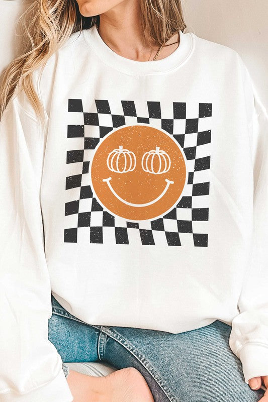 CHECKERED PUMPKIN HAPPY FACE GRAPHIC SWEATSHIRT