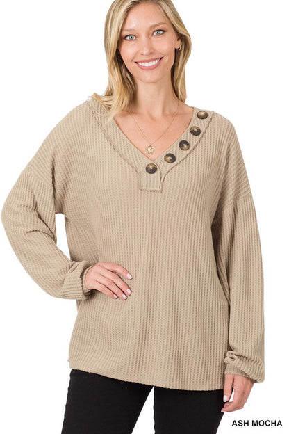 Brushed Thermal Waffle Button Detail Sweater