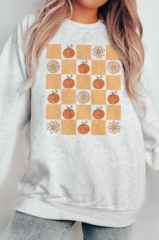 CHECKERED PUMPKIN DAISIES GRAPHIC SWEATSHIRT