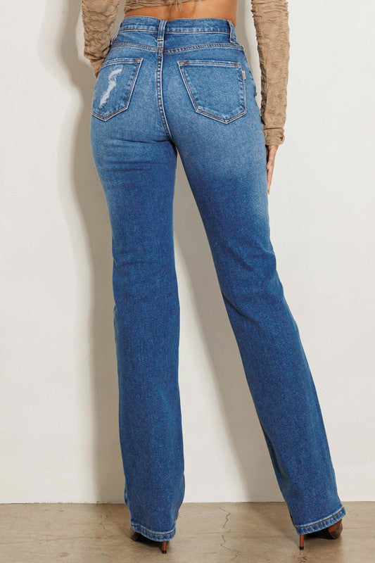 High Rise Subtle Distressed Straight Jeans