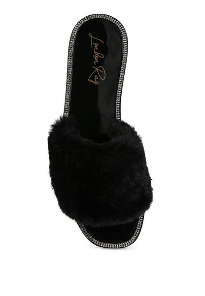 Geese Faux Fur Diamante Detail Jelly Flats