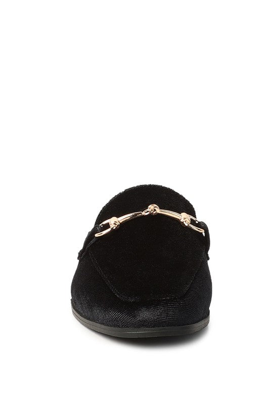 Velvet Buckled Flat Mules