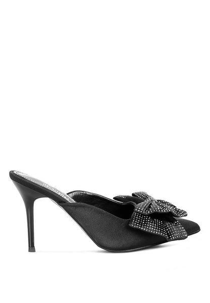 ELISDA Black Diamante Bow Heeled Mules