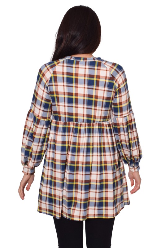 Plus Long Puff Sleeve Plaid Contrast Midi Dress