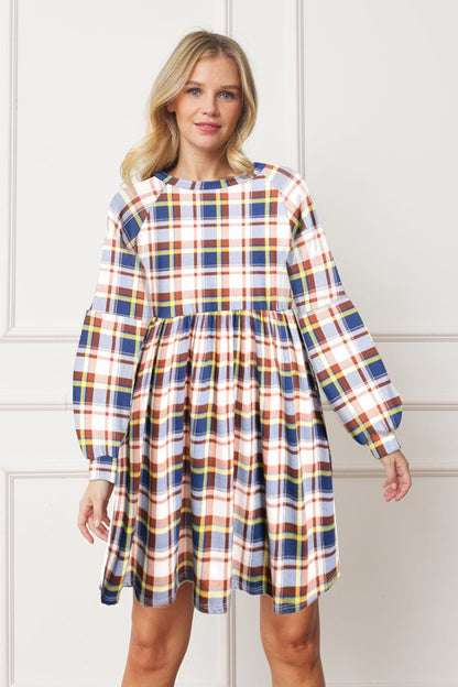 Plus Long Puff Sleeve Plaid Contrast Midi Dress