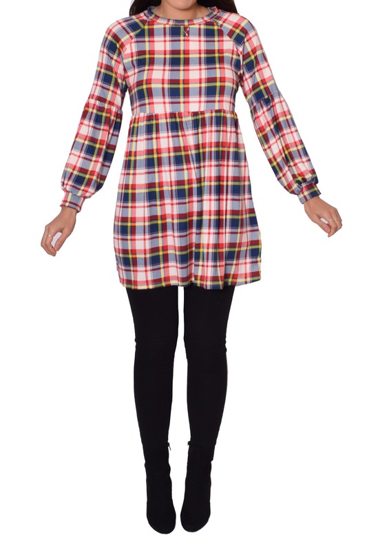 Plus Long Puff Sleeve Plaid Contrast Midi Dress