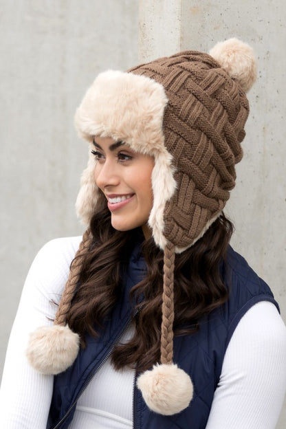 Cable Weave Pom Trapper Hat