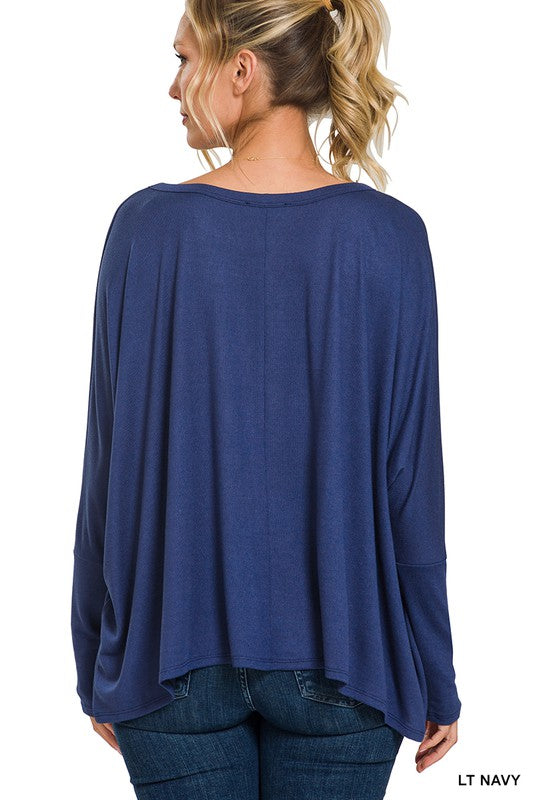 Dolman Sleeve Round Neck Top with Front Pocket