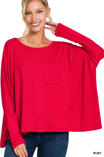 Dolman Sleeve Round Neck Top with Front Pocket