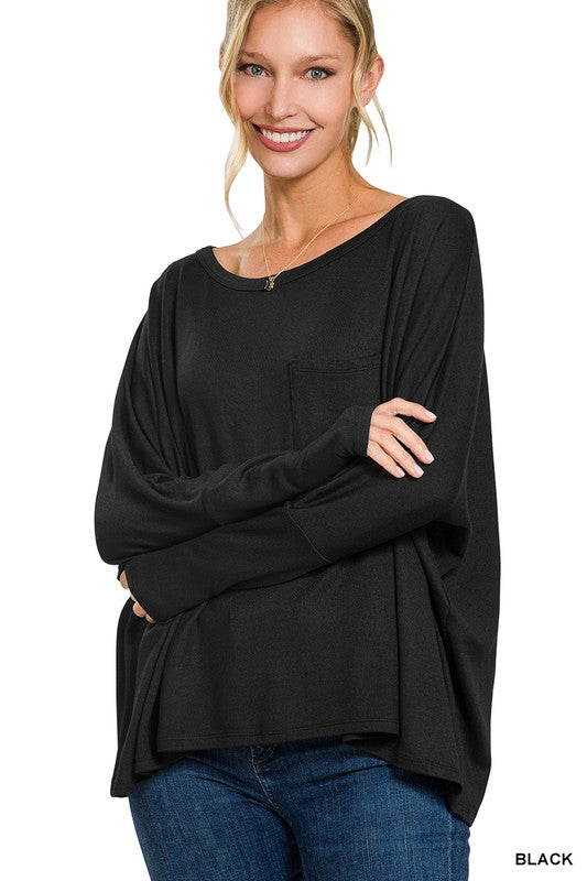 Dolman Sleeve Round Neck Top with Front Pocket