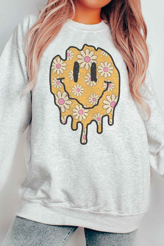 RETRO DAISIES HAPPY FACE GRAPHIC SWEATSHIRT