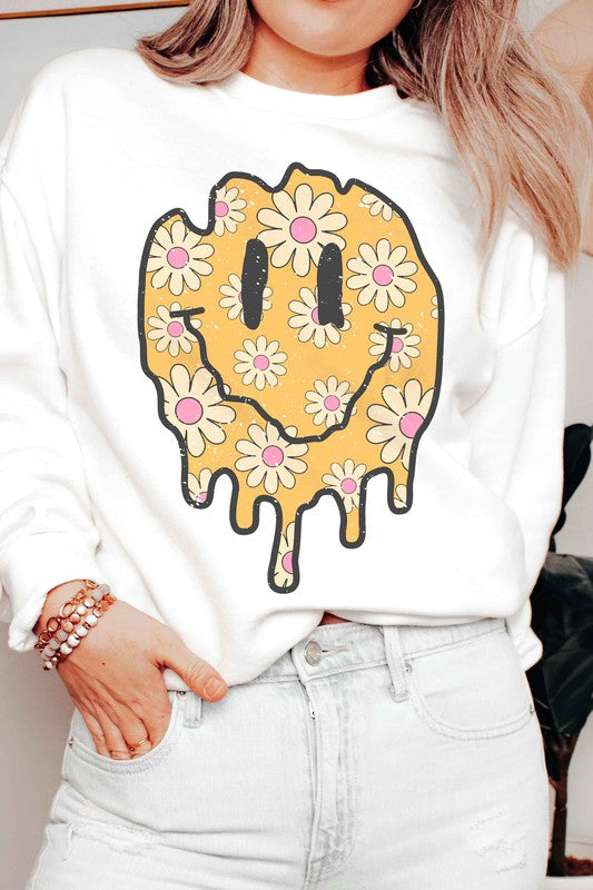 RETRO DAISIES HAPPY FACE GRAPHIC SWEATSHIRT