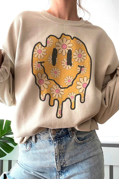 RETRO DAISIES HAPPY FACE GRAPHIC SWEATSHIRT