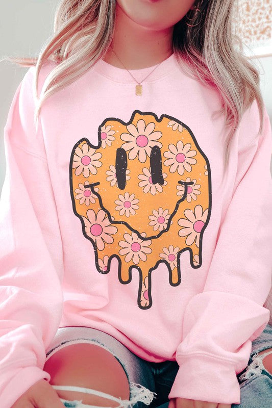 RETRO DAISIES HAPPY FACE GRAPHIC SWEATSHIRT