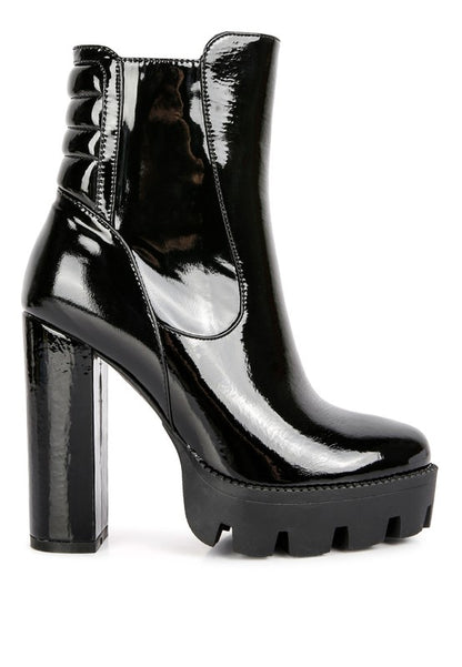 High Key Collared Patent High Heeled Ankle Boot