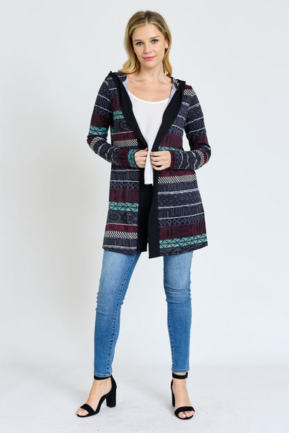 Plus Long Tribal Print Hooded Cardigan